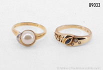 Konv. 2 Ringe, 585er Gelbgold, Ringgröße 55, mit kleinem Saphir und 3 Punktdiamanten, sehr guter Zustand, Ring, 585er Gelbgold, Ringgröße 54 mit einem...