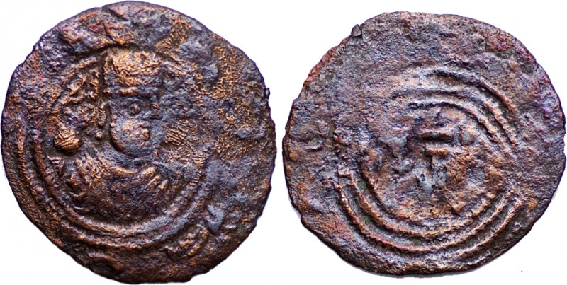 ARAB-SASANIAN. Anonymous. Ca. 7th Century AD. AE Pashiz (1.31 gm; 21 mm). Crowne...