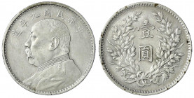 China
Republik, 1912-1949
Dollar (Yuan) Jahr 9 = 1920, Präsident Yuan Shih-kai. sehr schön, kl. Randfehler. Lin Gwo Ming 77. Yeoman 329.6.