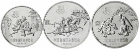 China
Volksrepublik, seit 1949
3 Silbermünzen zur Olympiade 1980: 20 Yuan Ringen, 30 Yuan Pferderennen und 30 Yuan Fußball. Polierte Platte, teils m...