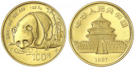 China
Volksrepublik, seit 1949
100 Yuan GOLD 1987 S (Shanghai). Panda an Gewässer. 1 Unze Feingold. Stempelglanz. Krause/Mishler 166. Schön 145.