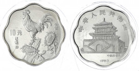 China
Volksrepublik, seit 1949
10 Yuan Silber Jahr des Hahns 1993 Hahn und Sonnenblumen (Wellenschnitt achtbogig). Verschweißt. Polierte Platte. Yeo...