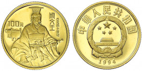 China
Volksrepublik, seit 1949
100 Yuan GOLD 1994 Zhou Weneang. 10,38 g. Feingold. In Kapsel. Polierte Platte. Krause/Mishler 658. Schön 565.