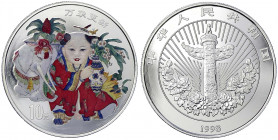 China
Volksrepublik, seit 1949
10 Yuan Silber in Farbe 1998. Chinesisches Segenszeichen. Kind mit Vase und weißem Elefanten. In Kapsel. Polierte Pla...