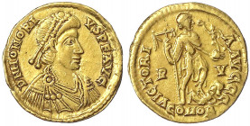 Kaiserzeit
Honorius, 393-423
Solidus 402/406, Ravenna. 4,41 g. Stempelstellung 6 h. sehr schön. RIC 1287.