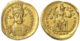 Kaiserzeit
Theodosius II., 408-450
Solidus 408/450 Constantinopel, 1. Off. Brb. v.v. in Rüstung mit geschultertem Speer/ CONCORDIA AVGGG A. Constant...