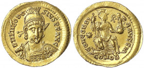 Kaiserzeit
Theodosius II., 408-450
Solidus 408/450 Constantinopel, 8. Off. Brb. v.v. in Rüstung mit geschultertem Speer/ CONCORDIA AVGGG A. Constant...