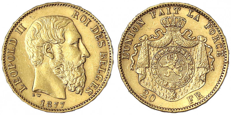 Belgien
Leopold II., 1865-1909
20 Francs 1877. 6,45 g. 900/1000. vorzüglich/St...