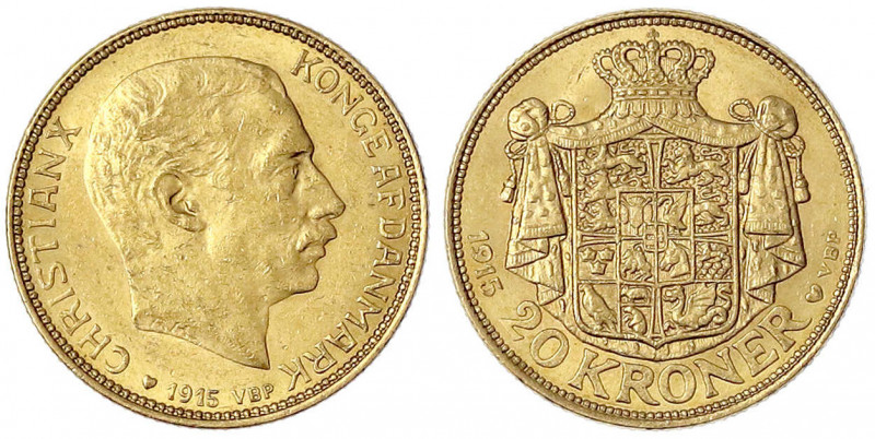 Dänemark
Christian X., 1912-1947
20 Kronen 1915. 8,96 g. 900/1000. vorzüglich/...