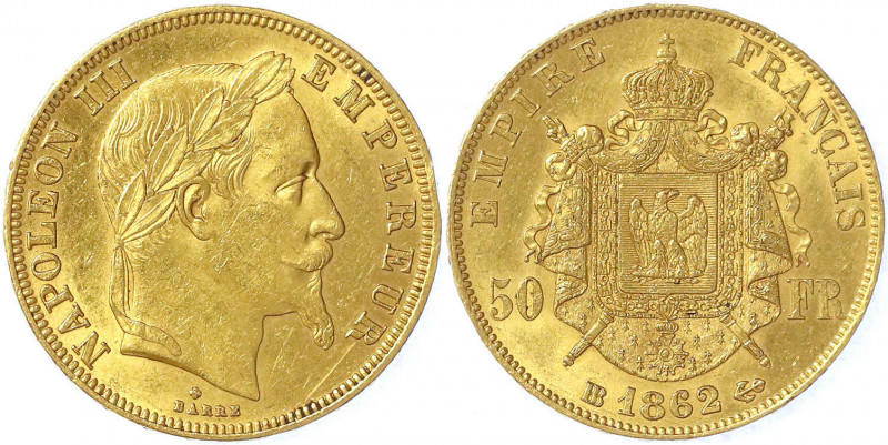 Frankreich
Napoleon III., 1852-1870
50 Francs 1862 BB, Straßburg. 16,13 g. 900...