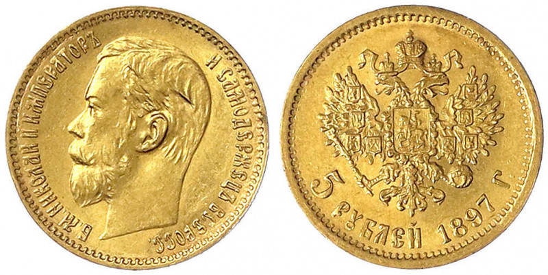 Russland
Nikolaus II., 1894-1917
5 Rubel 1897, St. Petersburg. 3,87 g. 900/100...