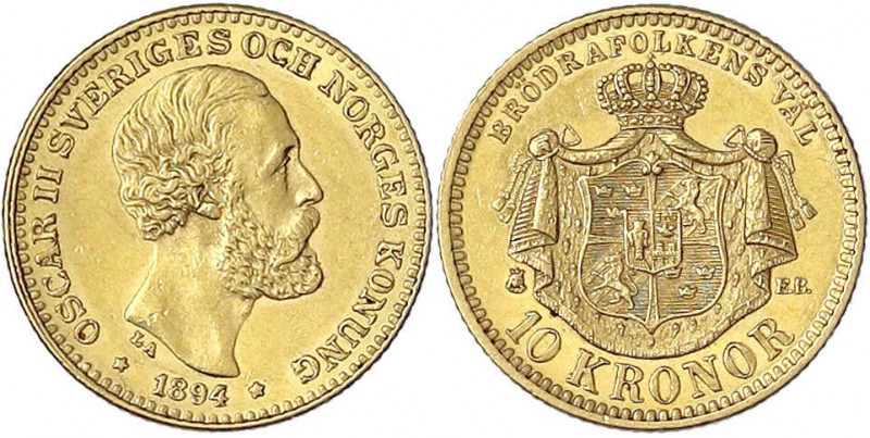 Schweden
Oscar II., 1872-1907
10 Kronor 1894 EB. 4,48 g. 900/1000. vorzüglich/...