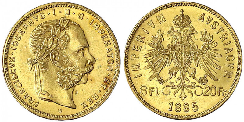 Haus Habsburg
Franz Joseph I., 1848-1916
8 Florin/20 Francs 1885. 6,45 g. 900/...