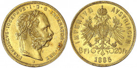 Haus Habsburg
Franz Joseph I., 1848-1916
8 Florin/20 Francs 1885. 6,45 g. 900/1000. vorzüglich/Stempelglanz. Herinek 244. Jaeger/Jaeckel 362. Nile P...