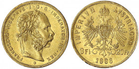 Haus Habsburg
Franz Joseph I., 1848-1916
8 Florin/20 Francs 1886. 6,45 g. 900/1000. vorzüglich, winz. Randfehler. Herinek 245. Jaeger/Jaeckel 362. N...
