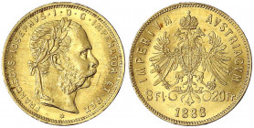 Haus Habsburg
Franz Joseph I., 1848-1916
8 Florin/20 Francs 1888. 6,45 g. 900/1000. vorzüglich/Stempelglanz, kl. Kratzer. Herinek 247. Jaeger/Jaecke...