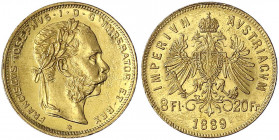 Haus Habsburg
Franz Joseph I., 1848-1916
8 Florin/20 Francs 1889. 6,45 g. 900/1000. vorzüglich. Herinek 248. Jaeger/Jaeckel 362. Nile Post 19.