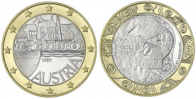 Republik Österreich
2. Republik, seit 1945
250 Euro Bi-Metall Vorläufer-Ausgabe (kein Zahlungsmittel) 1997. Der Kuss, nach Gustav Klimt. 17,50 g. (9...