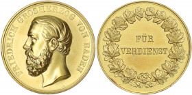 Baden-Durlach
Friedrich 1852-1907
Große goldene Verdienstmedaille o.J. Verliehen 1882-1908. 32 mm, 21,87 g. Polierte Platte, berieben, Öse entfernt,...