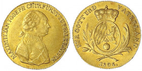 Bayern
Maximilian IV. Joseph, 1799-1806
Dukat 1805. Letzter Kurfürstlicher Dukat. 3,49 g vorzüglich/Stempelglanz, selten. Hahn 434. Friedberg 263. A...
