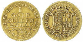 Braunschweig-Calenberg-Hannover
Georg II., 1727-1760
Goldgulden/2 Taler 1754 IAS. Wertangabe/Wappen. 3,20 g. sehr schön, kl. Prüfspur am Rand. Welte...