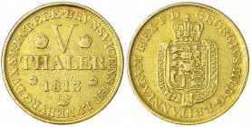 Braunschweig-Calenberg-Hannover
Georg III., 1760-1820
5 Taler 1813 TW. Mit glattem Rand. 6,60 g. sehr schön. AKS 2. Jaeger 101. Friedberg 619.