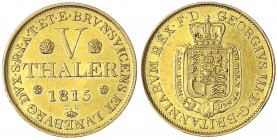 Braunschweig-Calenberg-Hannover
Georg III., 1760-1820
5 Taler 1815 TW. 6,64 g. vorzüglich/Stempelglanz, schöne Tönung. AKS 2. Friedberg 619. Jaeger ...