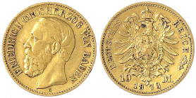 Baden
Friedrich I., 1856-1907
10 Mark 1873 G. sehr schön, kl. Randfehler. Jaeger 183.
