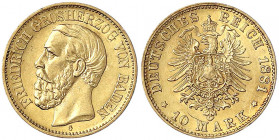 Baden
Friedrich I., 1856-1907
10 Mark 1881 G. Besseres Jahr. vorzüglich/Stempelglanz. Jaeger 186.