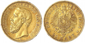 Baden
Friedrich I., 1856-1907
20 Mark 1874 G. sehr schön/vorzüglich, kl. Randfehler. Jaeger 187.