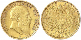 Baden
Friedrich I., 1856-1907
10 Mark 1906 G. sehr schön/vorzüglich, Randfehler. Jaeger 190.