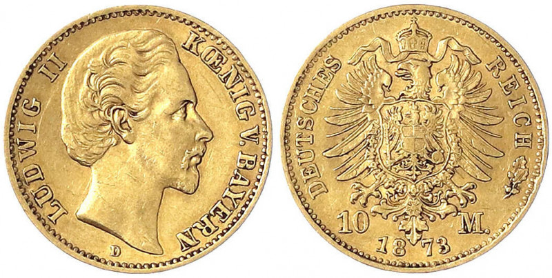 Bayern
Ludwig II., 1864-1886
10 Mark 1873 D. sehr schön, min. gebogen. Jaeger ...