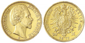 Bayern
Ludwig II., 1864-1886
20 Mark 1872 D. sehr schön, kl. Randfehler und etwas berieben. Jaeger 194.