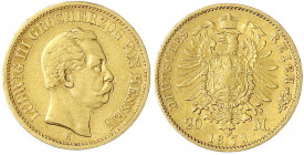 Hessen
Ludwig III., 1848-1877
20 Mark 1873 H. sehr schön, min. Randfehler. Jaeger 214.