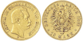 Hessen
Ludwig III., 1848-1877
10 Mark 1877 H. gutes sehr schön, kl. Kratzer. Jaeger 216.