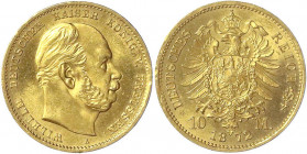 Preußen
Wilhelm I., 1861-1888
10 Mark 1872 A. fast Stempelglanz, prägebed. Randunebenheiten. Jaeger 242.