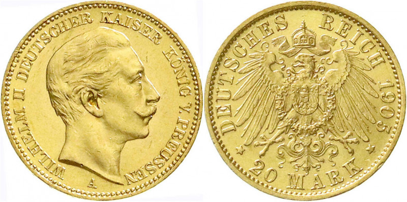 Preußen
Wilhelm II., 1888-1918
20 Mark 1905 A. vorzüglich/Stempelglanz. Jaeger...