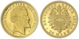 Reuß, Ältere Linie
Heinrich XXII., 1859-1902
Nachprägung des 20 Mark 1875 B (2006). 3,56 g. 585/1000. Polierte Platte. Jaeger NP zu 254.