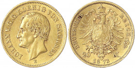 Sachsen
Johann, 1854-1873
20 Mark 1873 E. gutes sehr schön, kl. Randfehler. Jaeger 259.