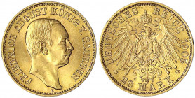 Sachsen
Friedrich August III., 1904-1918
20 Mark 1905 E. prägefrisch/fast Stempelglanz, kl. Randfehler. Jaeger 268.