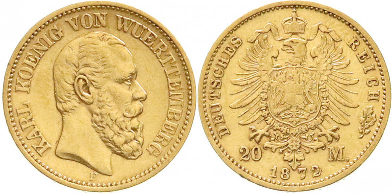 Württemberg
Karl, 1864-1891
20 Mark 1872 F. gutes sehr schön. Jaeger 290.