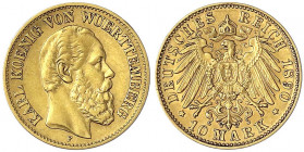 Württemberg
Karl, 1864-1891
10 Mark 1890 F. vorzüglich, min. prägebed. Randunebenheit. Jaeger 294.