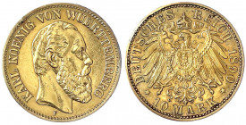 Württemberg
Karl, 1864-1891
10 Mark 1890 F. sehr schön, leichte Fassungsspuren und Lotreste am Rand. Jaeger 294.