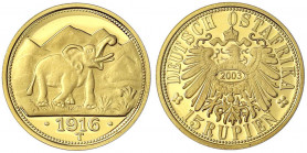 Deutsch-Ostafrika
Notmünzen aus Tabora, 1916
Neuprägung zum 15 Rupien-Stück 1916 T, Elefant. (2003) 3,56 g. 585/1000. Polierte Platte. Jaeger zu 728...