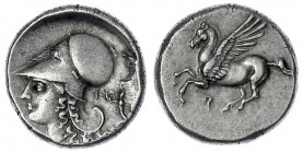 Peloponnes
Korinth
Stater 345/307 v. Chr. Athenakopf l., rechts Nike/Pegasus l. 8,60 g. Stempelstellung 10 h. gutes sehr schön, Avers Stempelbruch a...