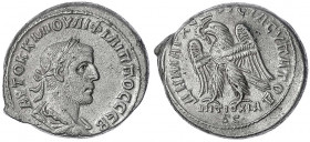 Syrien
Antiochia
Philippus II., 247-249
Tetradrachme 247/249. Bel., drap. Brb. r./Adler. 13,72 g. vorzüglich. Prieur 413.