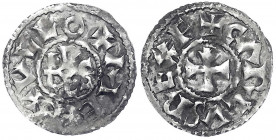 Karl der Kahle, 840-877
Pfennig o.J. Melle. +METxVLLO um Karolus-Monogramm/+CARLVS REX FR um Kreuz im Perlkreis. 1,63 g. sehr schön, etwas Belag. Mor...