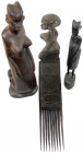 Afrika
3 hölzerne Kunstwerke Afrikas: kunstvoll geschnitzter Kamm vom Stamm der Chokwe in Angola (Höhe ca. 63 cm), 2 Frauenskulpturen mit markanten M...
