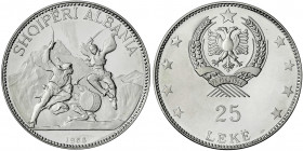 Albanien
Sozialistische Volksrepublik, 1944-1990
25 Leke Groß-Silbermünze 1968 Schwertertanz. 83.33 g. fein Polierte Platte, kl. Kratzer und etwas b...