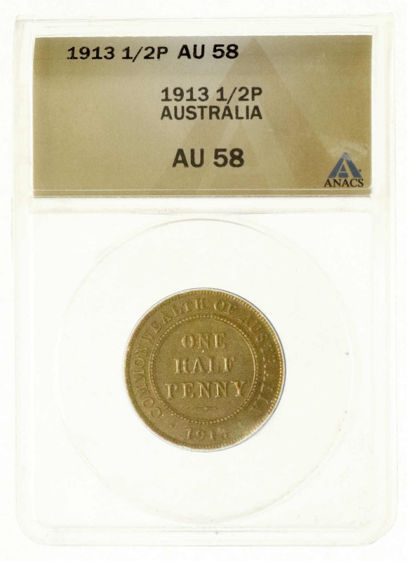 Australien
Georg V., 1910-1936
1/2 Penny 1913. Im ANACS-Blister mit Grading AU...